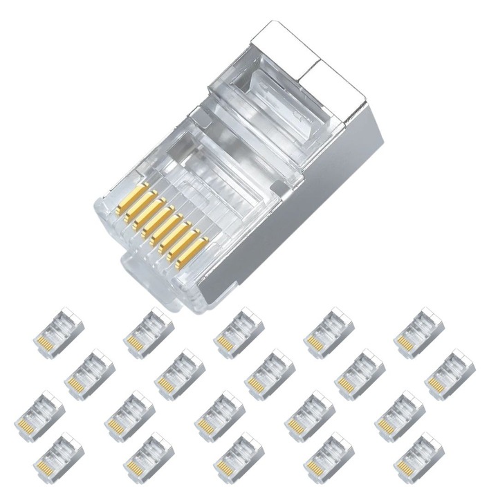 Set 20 conectori rețea RJ45 ecranati Cat6e, aur, carcasa metalică și plastic, 22x19x17mm