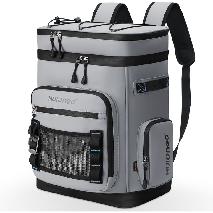 Rucsac frigorific Hulongo 30L Grey, impermeabil, izolat, rezistent la scurgeri, pliabil, cu buzunare multiple si deschizator de sticle – pentru picnic, camping, drumetii si plaja