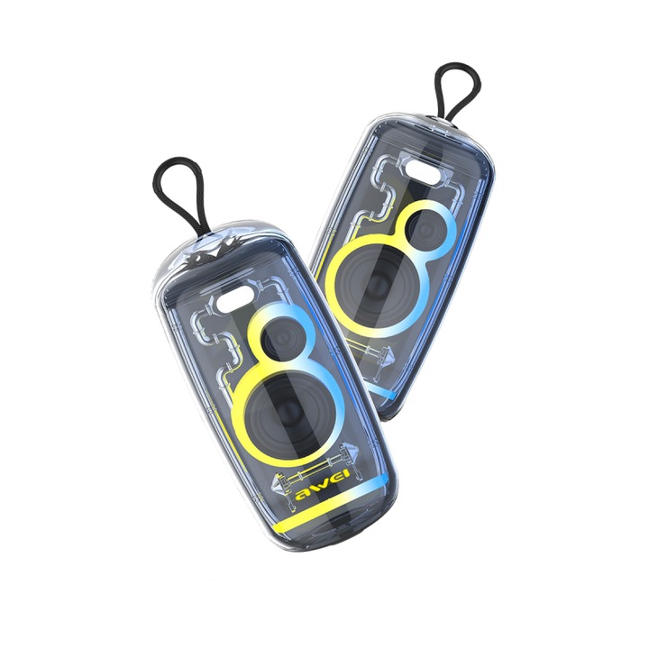 Difuzor portabil, Bluetooth 5.3, conectivitate TWS, audio de inalta definitie, iluminare RGB, rezistent la apa IPX4, intrare TF/AUX, baterie de 2400 mAh, incarcare USB, negru