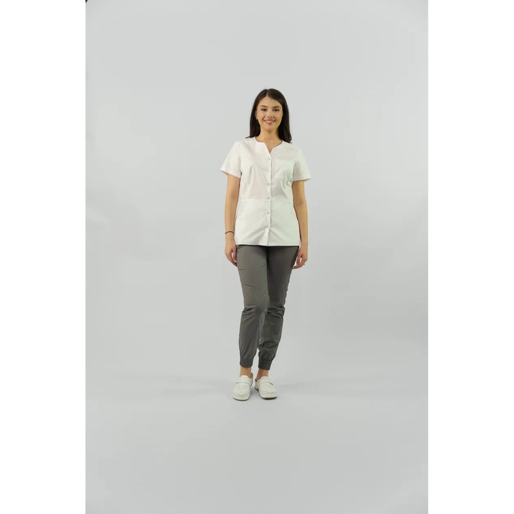 Медицинска блуза Ami, къс ръкав, с копчета, бял цвят, размер S