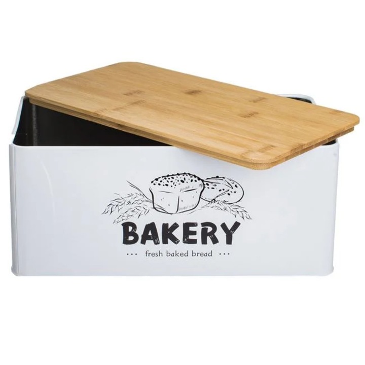 Метална правоъгълна кутия за бисквити в бял цвят с дървен капак „Bakery“ 31x17x13.5 cm