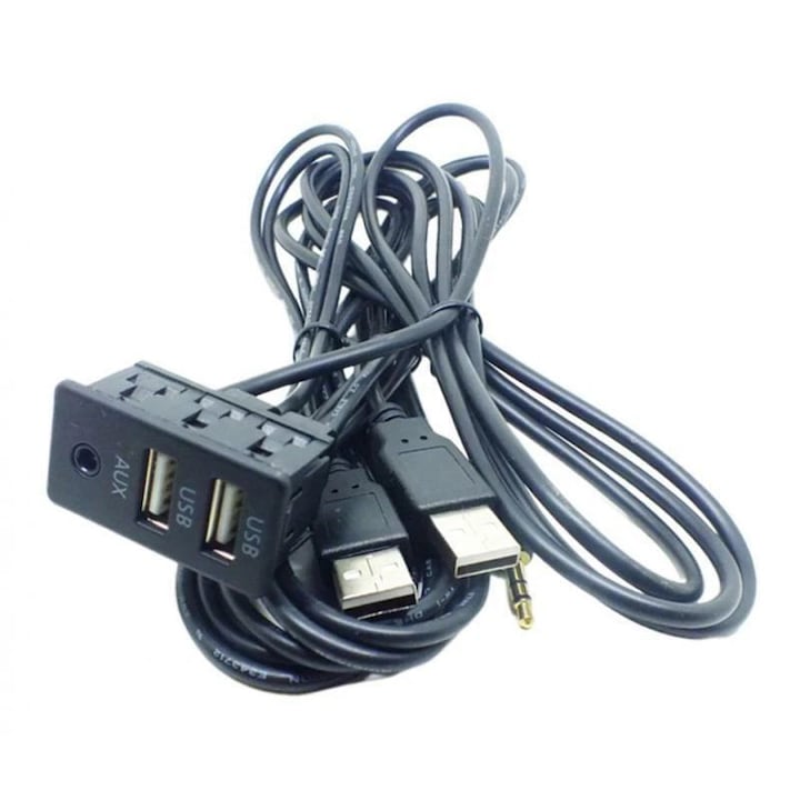 Modul panou auto 1x Jack 3.5 mm stereo mama + 2x USB-A mama la Jack 3.5 mm stereo tata + 2x USB-A tata cablu 1m