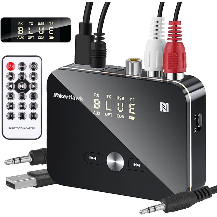 Adaptor Bluetooth receptor audio 3 in 1, Bluetooth 5.4, RX/TX Transmitator/receptor, AUX/RCA/NFC, Telecomanda, Suport intrare fibra optica, pentru Casti, TV, Masina, Sistem Audio, Home Cinema, Plug and Play