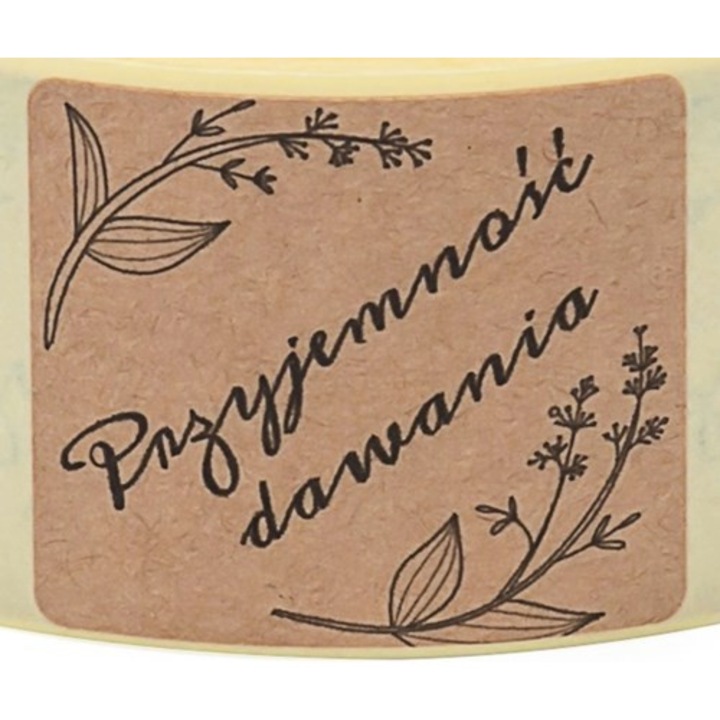 Etichete Kraft NEOPAK, cu mesaj 'Placerea de a darui', 35x40 mm, Natur, autoadezive, 200 buc