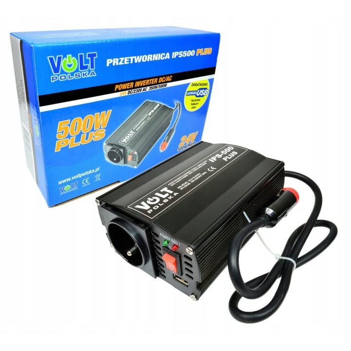 Autó inverter 24V/230V 500/350W, 180x105x60mm, USB 2A-val, többszörös védelemmel