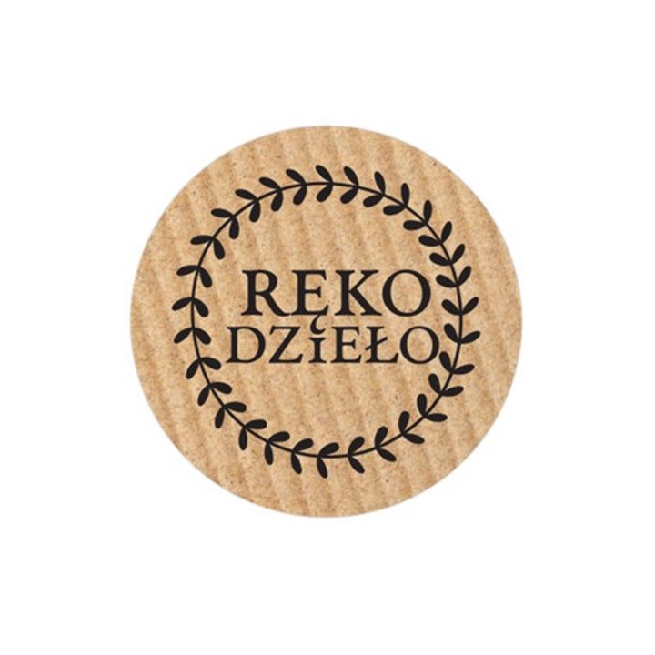 Etichete autoadezive NEOPAK, cu text "Rękodzieło", rotunde, 25 mm, Maro Kraft, pe rola, 200 buc