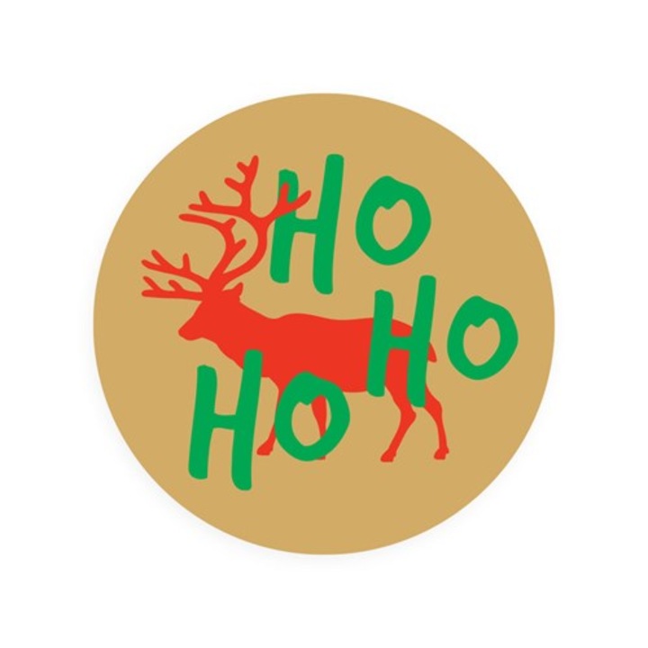 Autocolante rotunde NEOPAK, pentru Craciun, model Renifer Hohoho, Ø35 mm, Kraft, din hartie kraft, 200 bucati