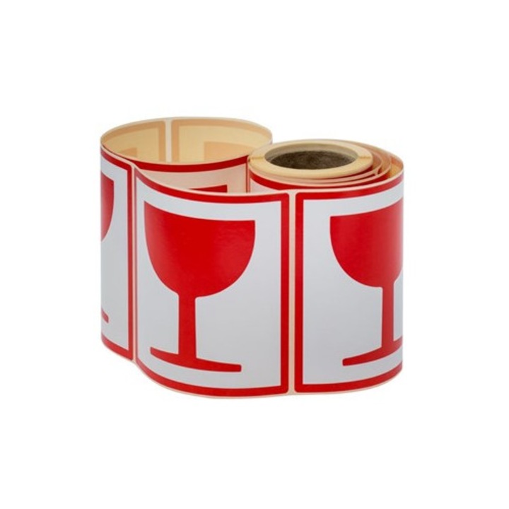 Set 100 Autocolante Avertizare NEOPAK pentru produse fragile, pe rola, 100x100 mm, alb-rosu, cu adeziv cauciuc natural