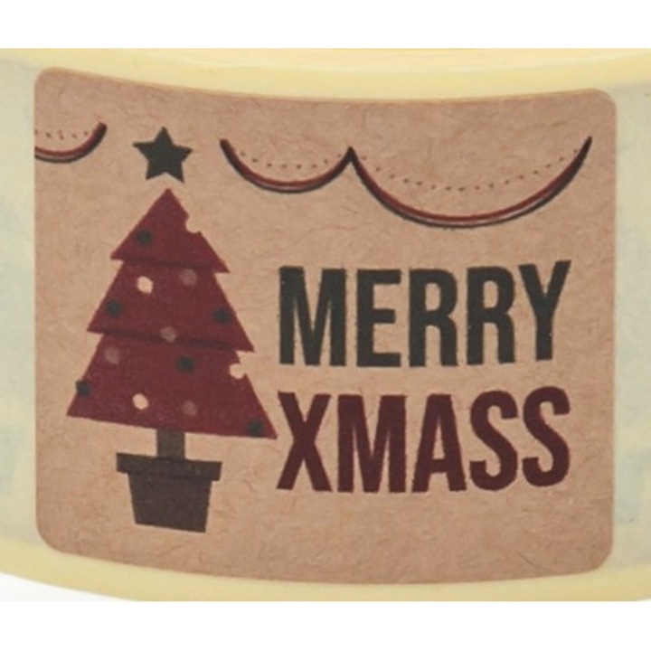 Set 200, Autocolante Craciun, Hartie Kraft, 35x40 mm, Maro, autoadezive, cu model brad si "Merry Xmas"
