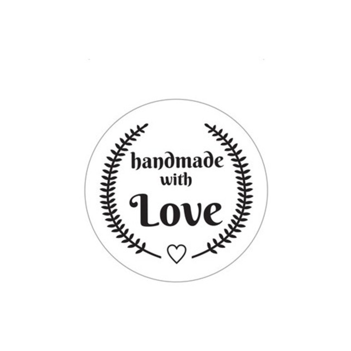 Autocolante rotunde Handmade with Love, model 6, 25mm, Albe cu imprimeu negru, 200 buc/rola