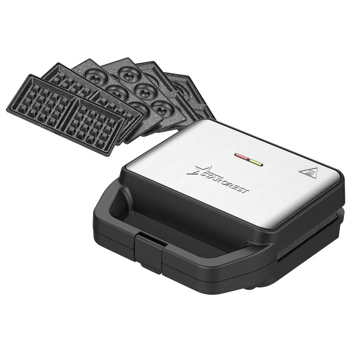 Aparatul pentru deserturi 4 in 1 STARCREST SDM-4110BX, 800W, placi detasabile cu invelis ceramic pentru vafe, nuci, gogosi si smile sandwich, negru