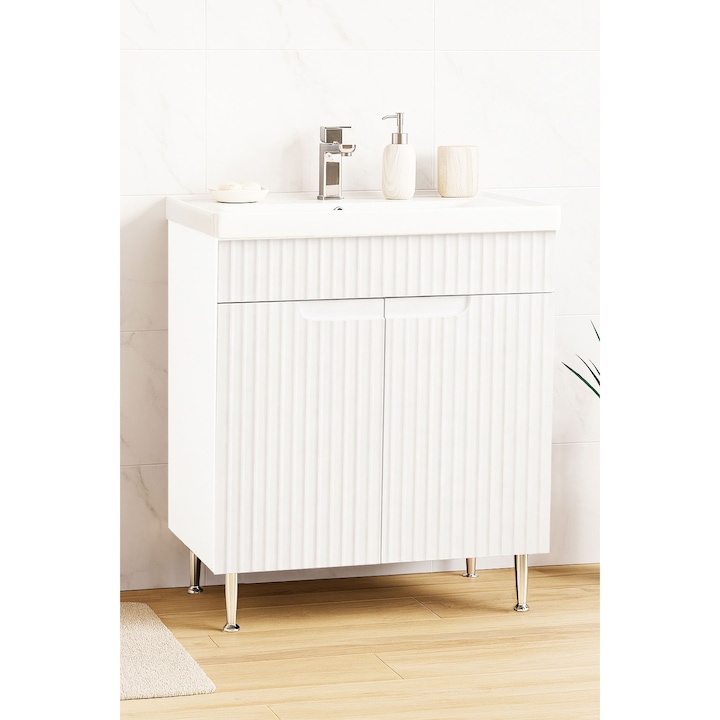 Mobilier de baie Baza MDF si lavoar ceramica, cu soft-close, Badenmob, seria 733, 70x83x46cm, Alb Rustic