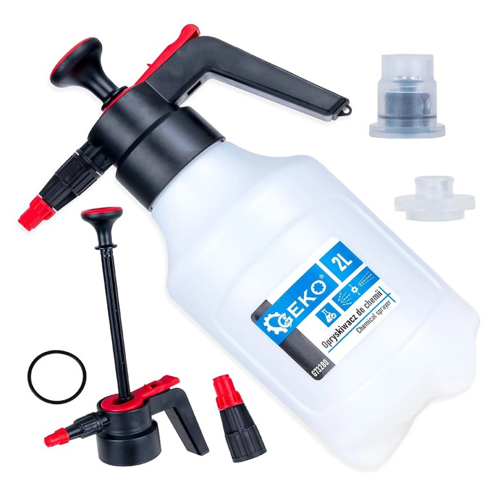 Pulverizator manual Geko, capacitate 2L, rezervoar PE, duză reglabilă, set cu duză de rezervă, alb/negru/roșu, 34x21x12, 5cm