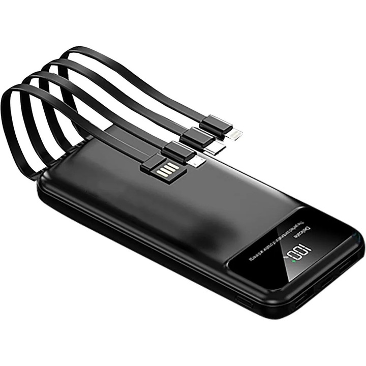 Baterie externa 10000mAh 22.5W cu 4 cabluri integrate, afisaj digital, incarcare rapida, Negru ABYZ
