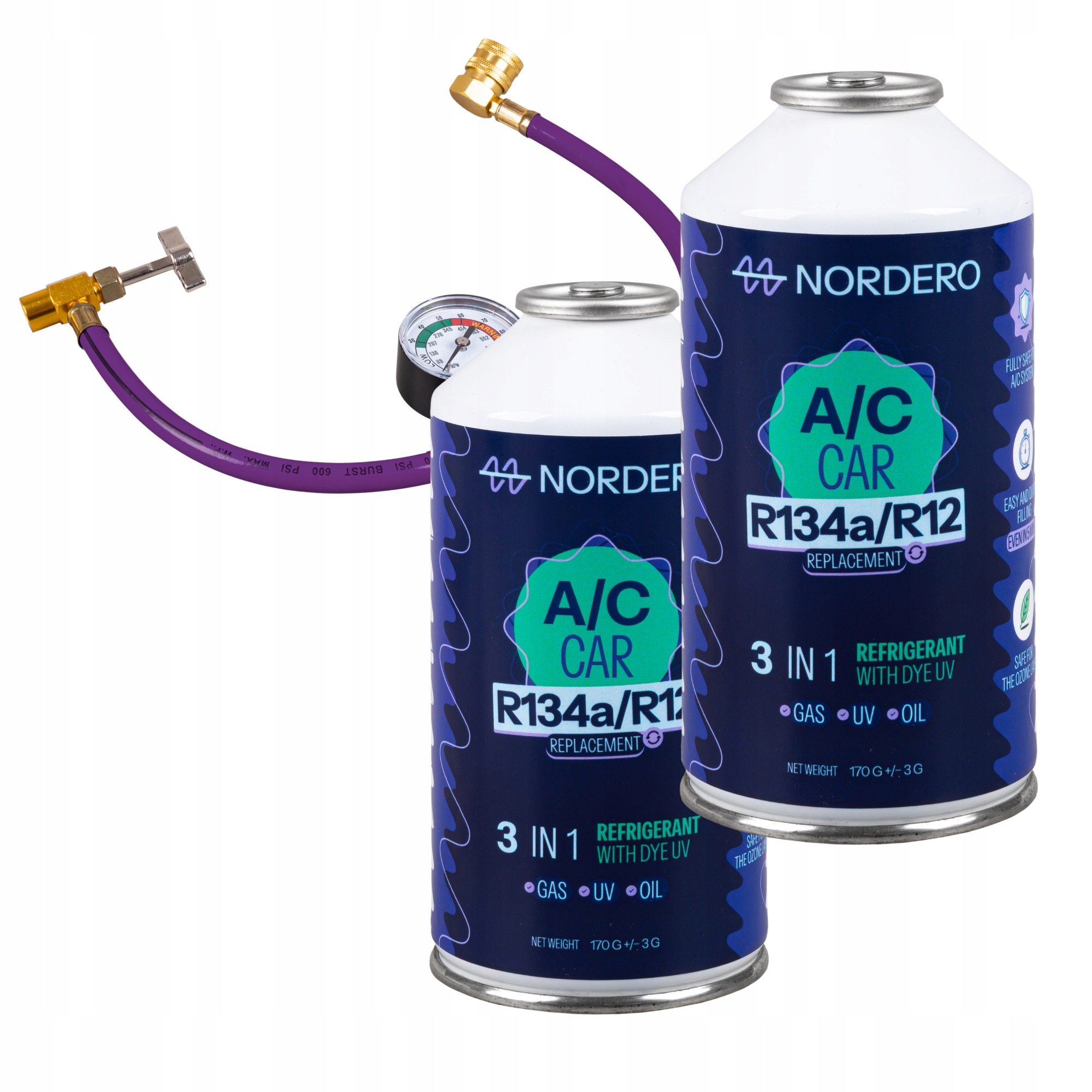 Kit de umplere aer conditionat auto NORDERO, 3 in 1, 2 x benzina R134A ...
