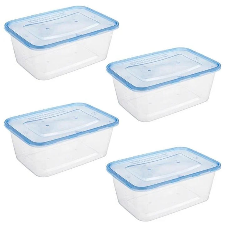 Контейнери за храна, прозрачни със син капак 1 л - 4 броя