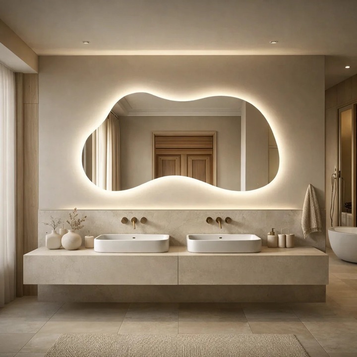 Prémium Aszimmetrikus LED Tükör 140×80 cm, Érintéses, 3 Fényfajta – Meleg, Hideg, Természetes