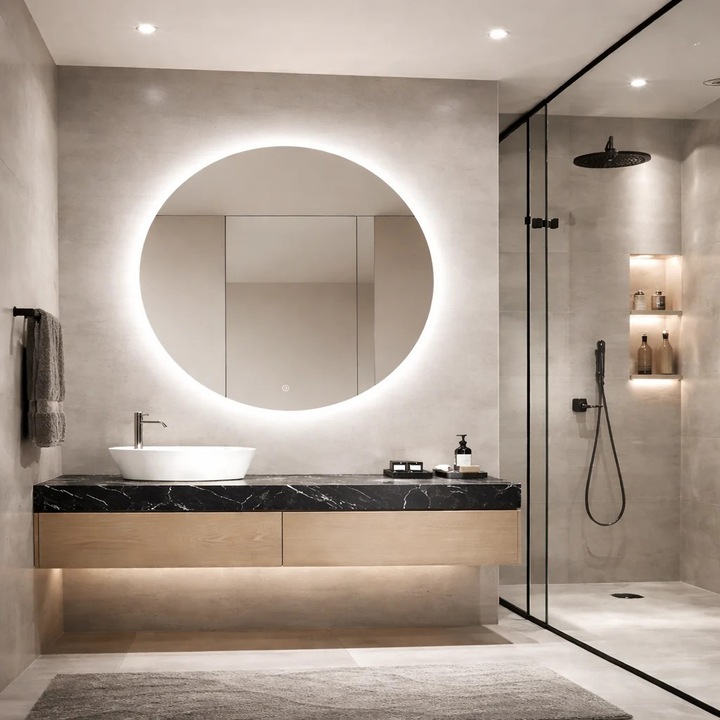Oglindă LED Rotundă SharkDesign 80x80cm, Iluminare Spate, Tehnologie Copper-Free, 3 Tipuri de Lumina