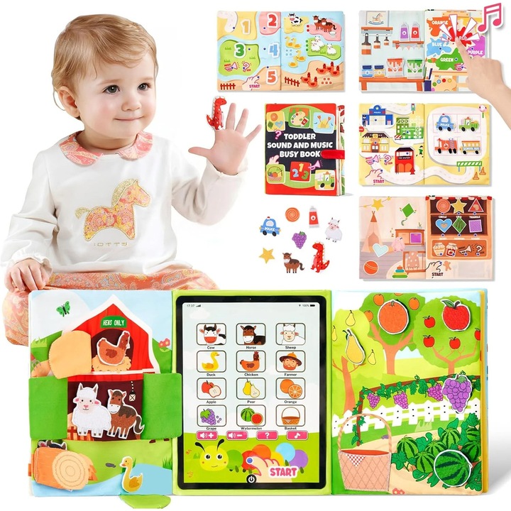 Carte educativă interactivă Montessori cu sunete, dimensiuni 25x20cm, 6 teme de învățare, pentru copii 1 an+
