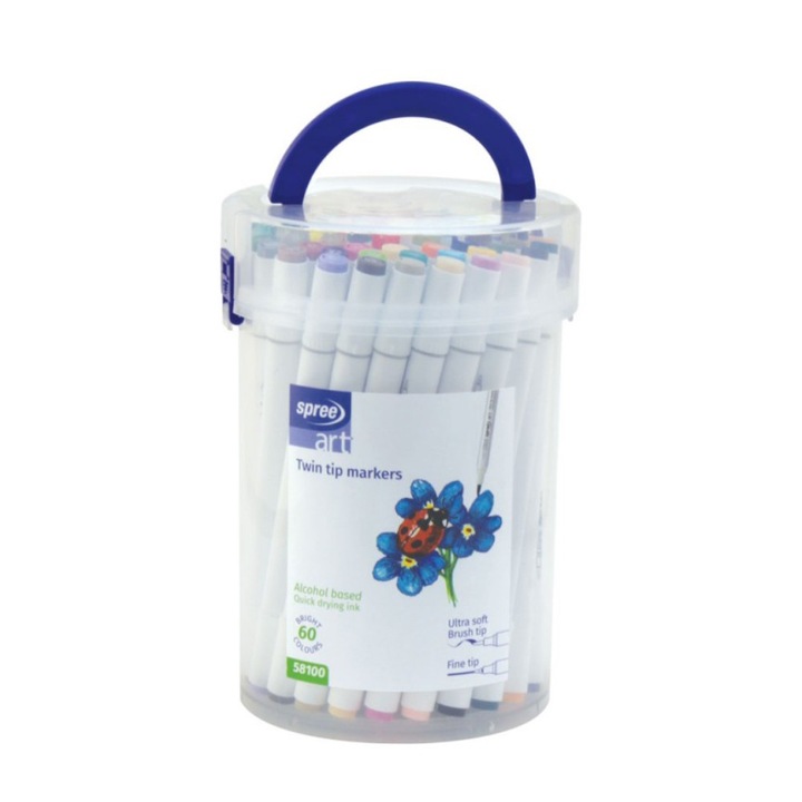 Markere Acrilice, Spree, 2 Capete Tip Pensula, 4 mm, 60 Culori