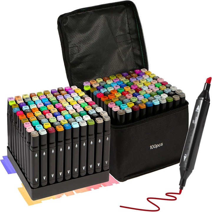 Markere de 100 de culori pentru carti de colorat pentru adulti, Markere cu doua varfuri pentru scoala, varf fin si cu pensula pentru copii/adulti Carti de colorat, caligrafie, desen, schita