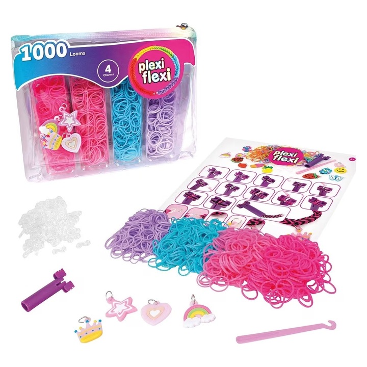Plexi Flexi kreatív készlet táskában, 1000 színes gumiszalag és karkötő kiegészítők, gyermekeknek, többszínű, 1. modell