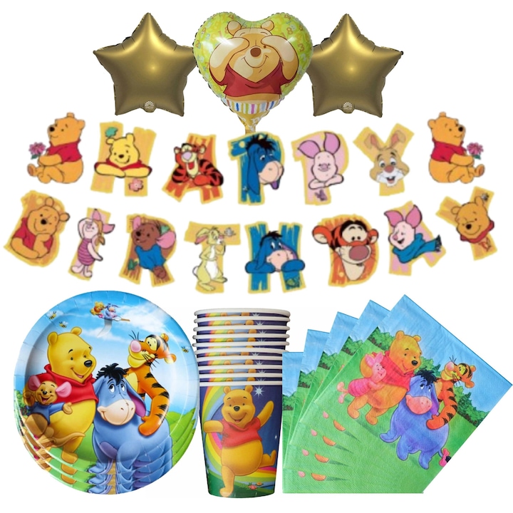 Set aniversar Winnie the Pooh – Banner si decoratiuni Un set complet aniversar Winnie the Pooh, cu un banner La multi ani, baloane din folie si vesela din hartie. Perfect pentru prima si prima aniversare