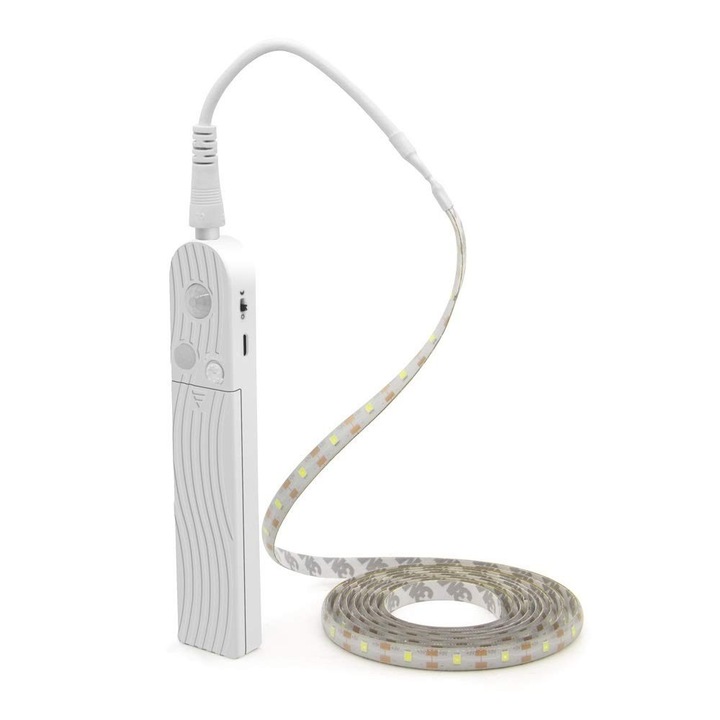 Banda Led cu senzor de miscare si cronometru, utilizare interioara, reincarcabila prin USB, Usor de utilizat, pentru scari, rafturi, corturi, biblioteci, 3m, lumina rece, YQLAFT, alb