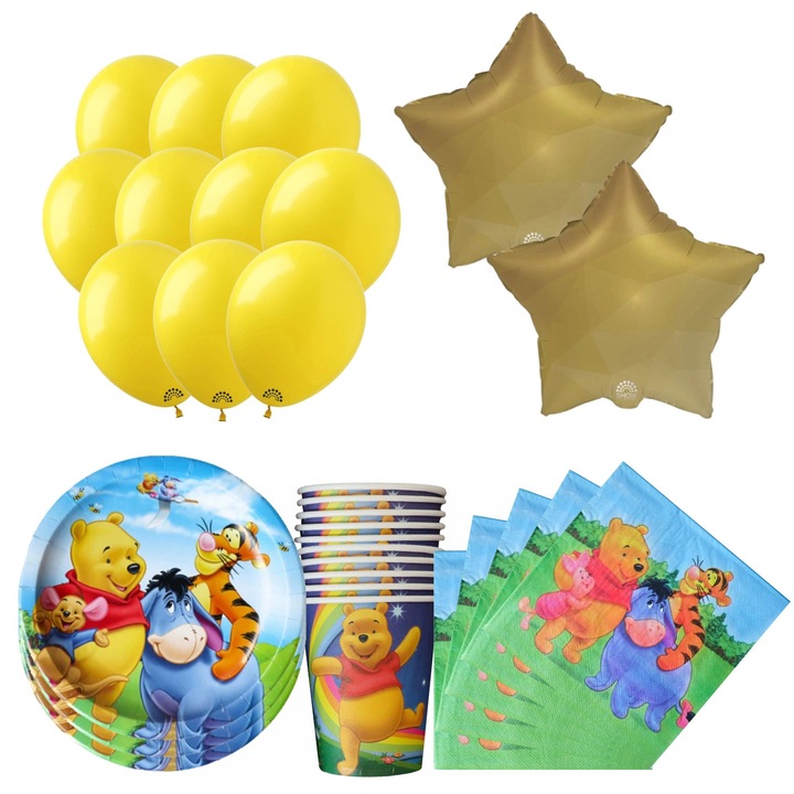 Set aniversar Winnie the Pooh – Banner si decoratiuni Un set complet aniversar Winnie the Pooh, cu un banner La multi ani, baloane din folie si vesela din hartie. Perfect pentru prima si prima aniversare