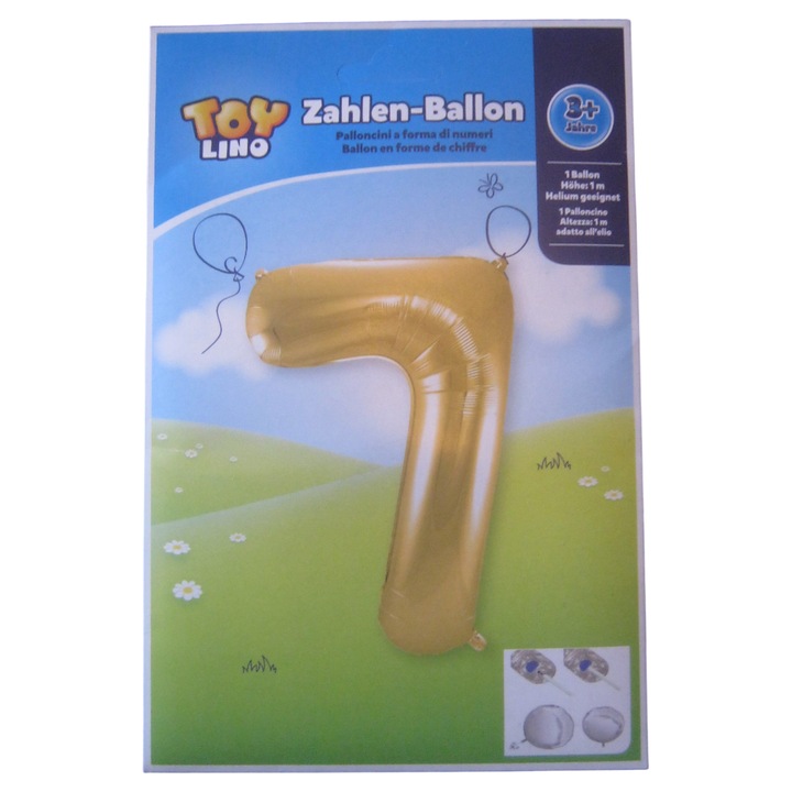 Balon cu cifra 7 ToyLino, inaltime 1 m, potrivit pentru heliu, 3 ani plus, folie, auriu