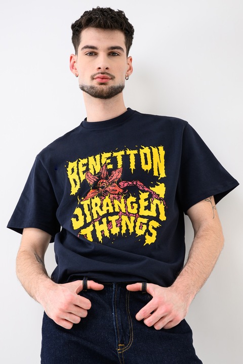 United Colors of Benetton, Tricou lejer cu imprimeu text frontal, Bleumarin