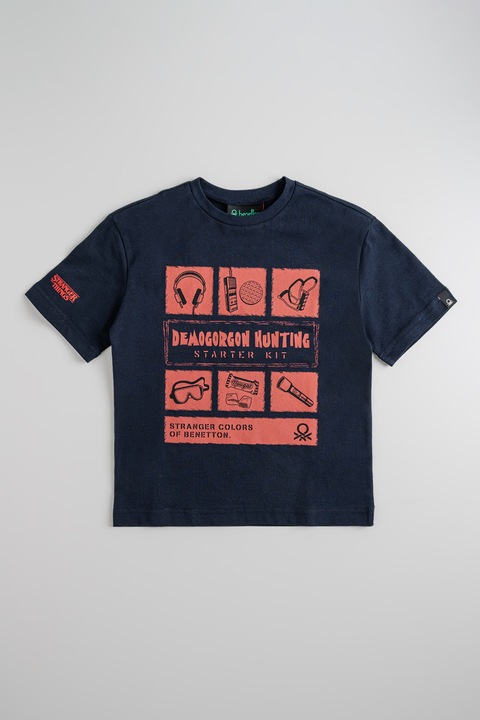 United Colors of Benetton, Mintás pamutpóló, Fekete/Koptatott piros