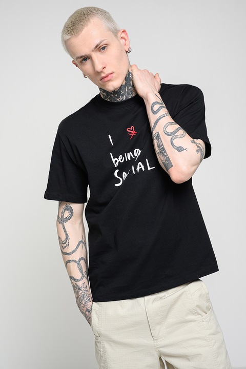 United Colors of Benetton, Tricou lejer din bumbac cu imprimeu text, Alb/Negru