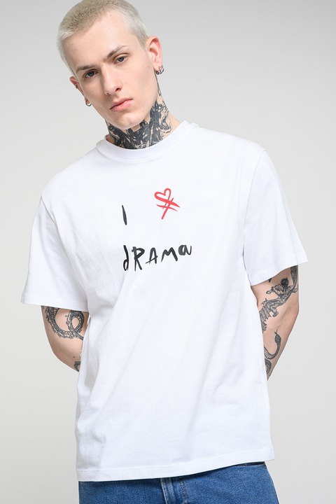 United Colors of Benetton, Tricou lejer din bumbac cu imprimeu text, Negru/Alb optic