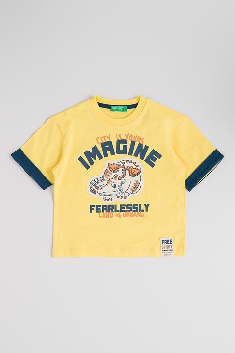 United Colors of Benetton, Kerek nyakú mintás póló, Halványsárga/Világos narancssárga/Tengerészkék