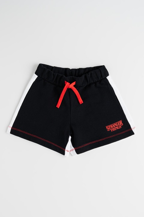 United Colors of Benetton, Pantaloni scurti din bumbac cu snur de ajustare si imprimeu text, Rosu/Alb/Negru