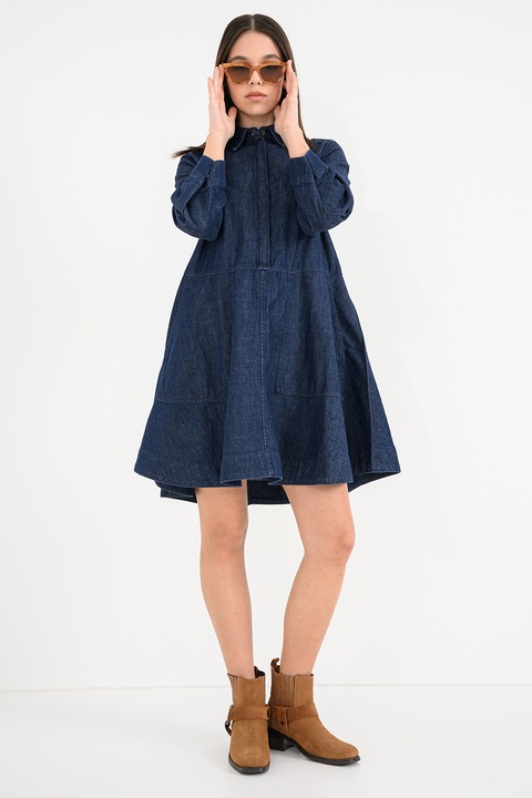 United Colors of Benetton, Rochie scurta lejera din denim, Albastru inchis