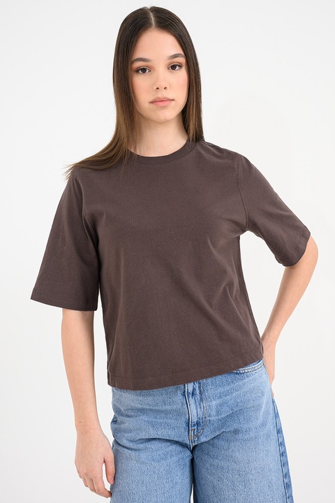 United Colors of Benetton, Tricou de bumbac cu decolteu la baza gatului Ben, Maro pamantiu