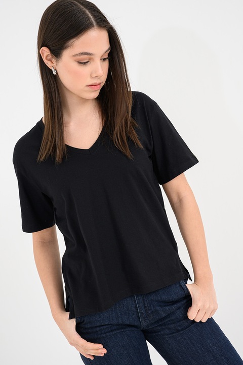 United Colors of Benetton, Tricou din bumbac cu decolteu in V, Negru