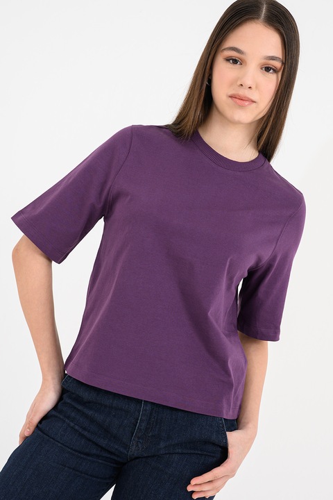 United Colors of Benetton, Tricou de bumbac cu decolteu la baza gatului Ben, Violet pruna