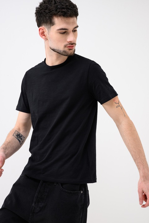 United Colors of Benetton, Tricou din bumbac cu decolteu la baza gatului, Negru