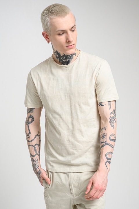 United Colors of Benetton, Tricou din bumbac cu decolteu la baza gatului, Bej deschis