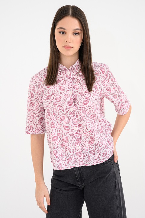United Colors of Benetton, Camasa cu maneci scurte si imprimeu, Alb/Roz fandango