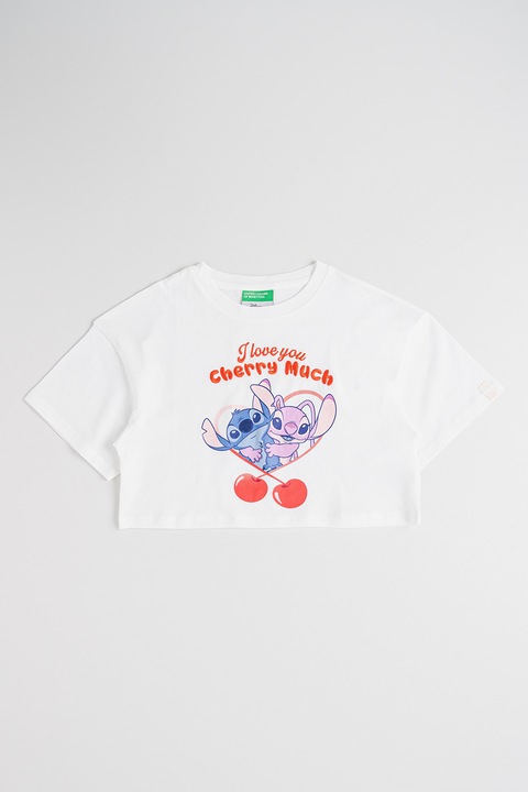 United Colors of Benetton, Stitch mintás póló, Fehér/Halványlila/Korallpiros