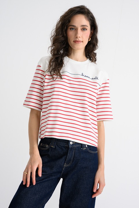 United Colors of Benetton, Tricou cu decolteu la baza gatului si model in dungi, Rosu/Alb