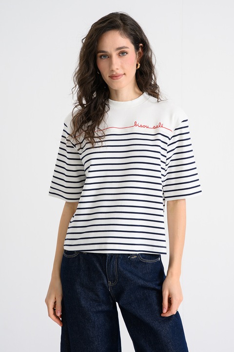 United Colors of Benetton, Tricou cu decolteu la baza gatului si model in dungi, Rosu/Alb/Bleumarin