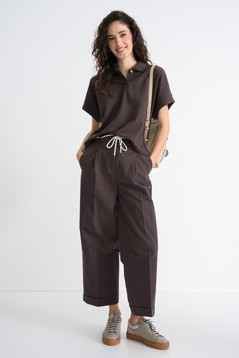 United Colors of Benetton, Tricou lejer cu guler polo si model uni, Maro inchis