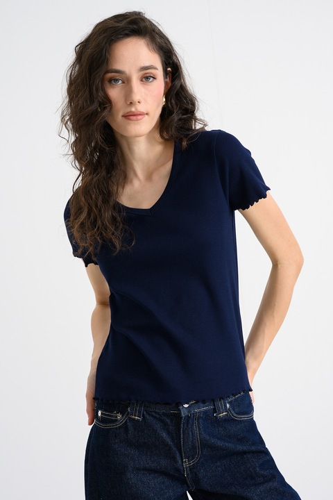 United Colors of Benetton, Tricou striat cu decolteu in V, Bleumarin