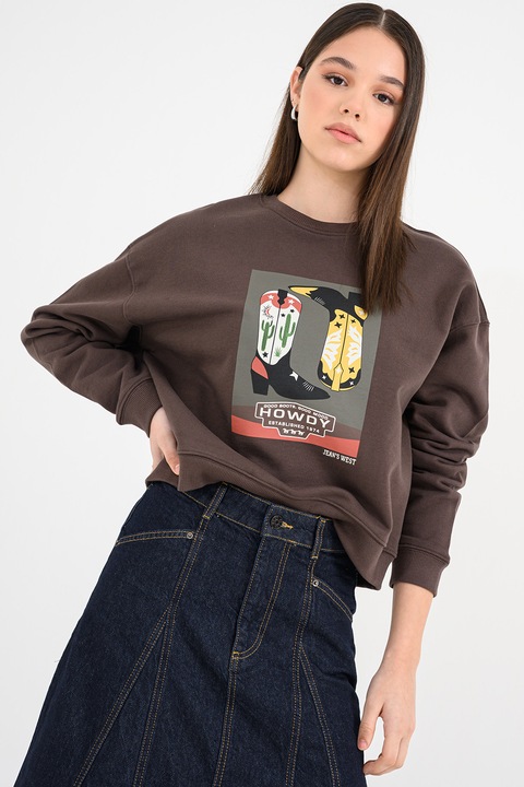 United Colors of Benetton, Bluza de trening de bumbac cu imprimeu, Maro pamantiu