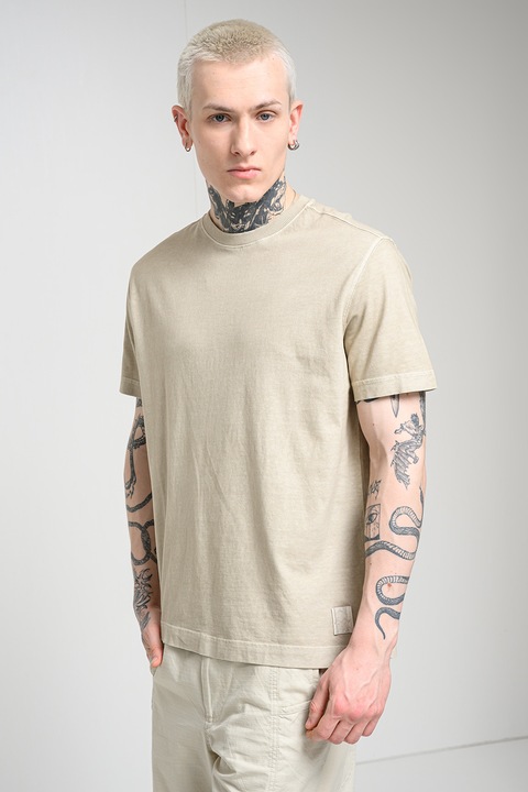 United Colors of Benetton, Tricou din bumbac cu decolteu la baza gatului, Bej inchis